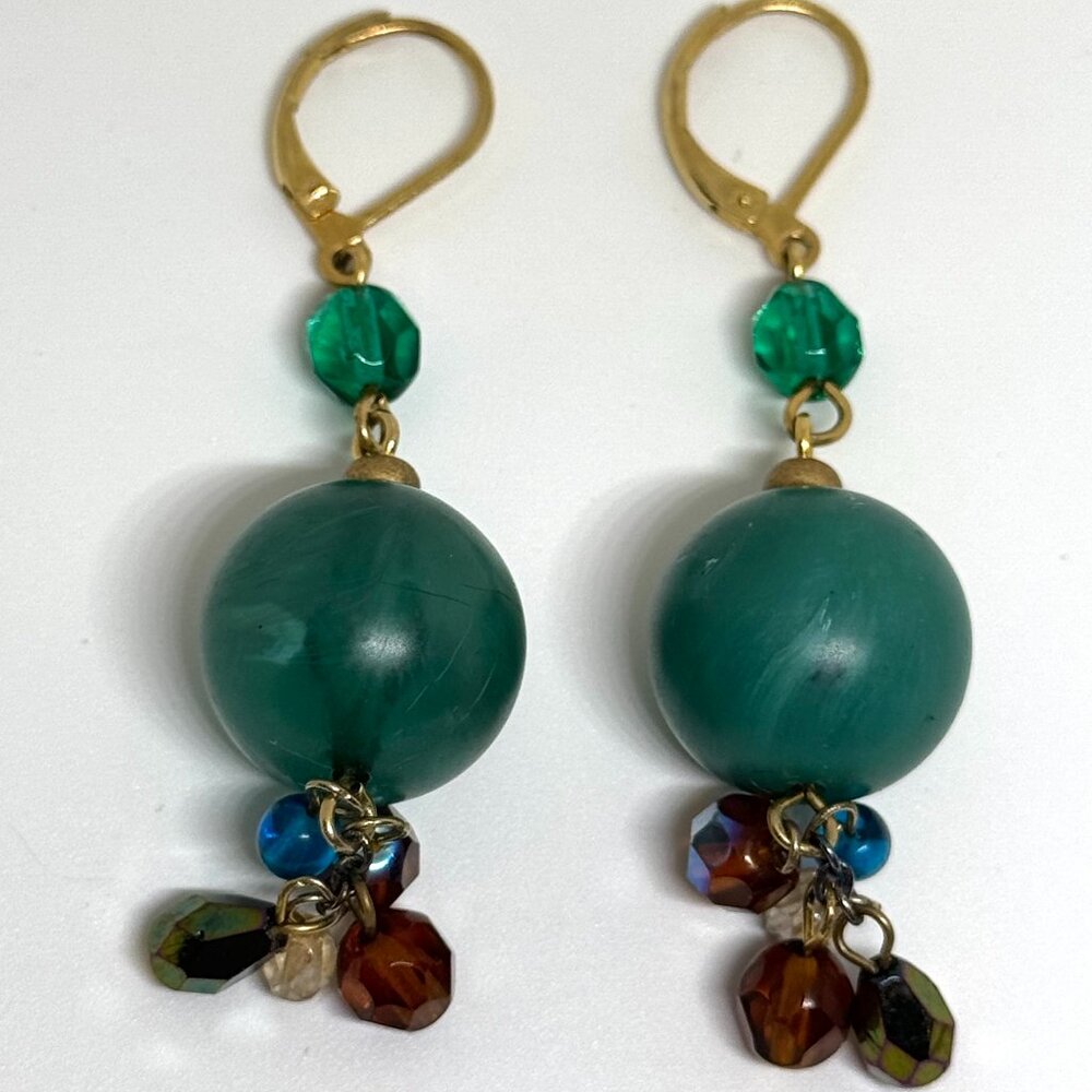 Vintage teal and crystal dangle earrings, gold tone hooks